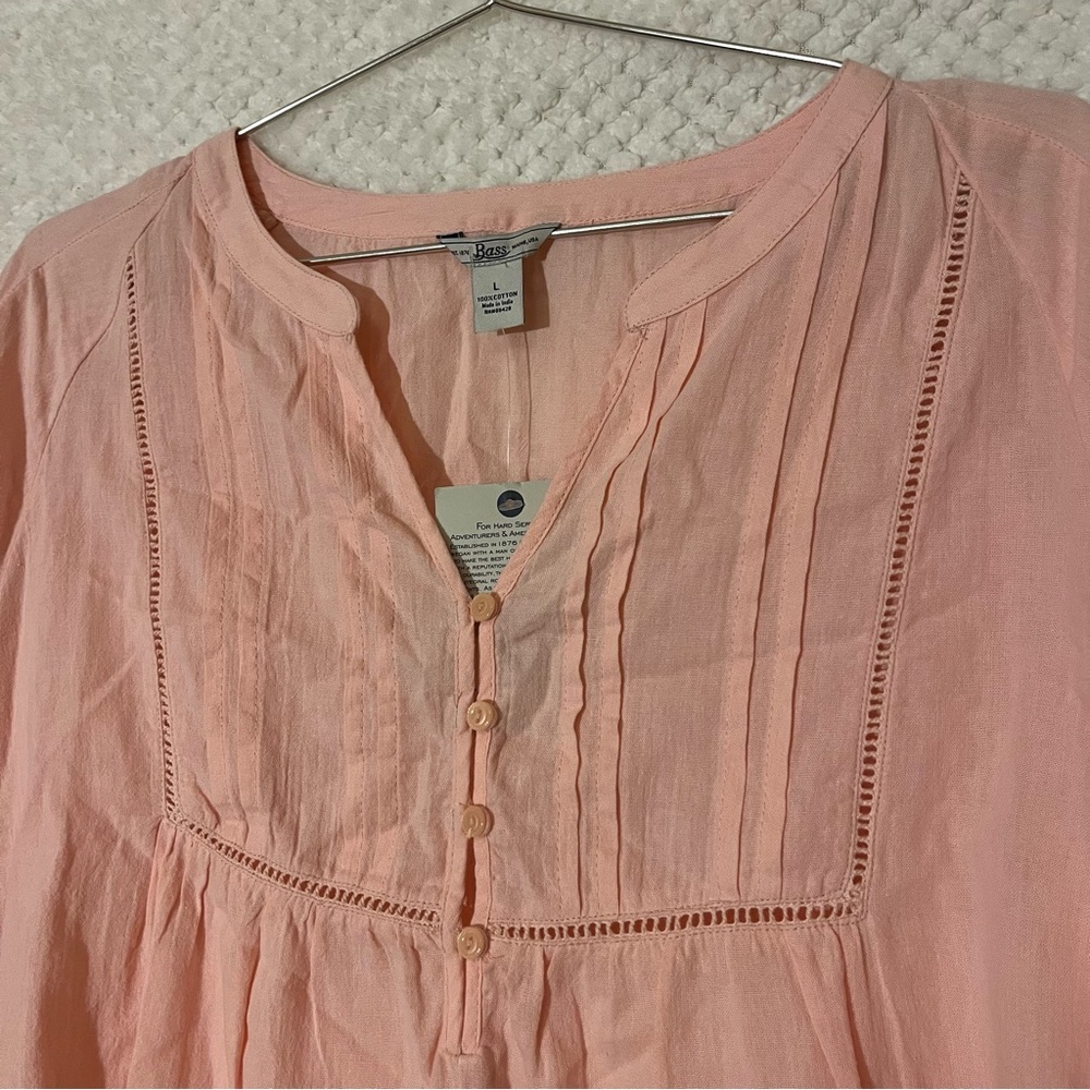 Bass Peach-Pink Pintuck Lace Peasant Blouse Cottagecore lightweight Large NWT - Picture 4 of 6
